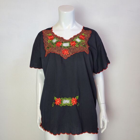 Vintage 80s Red Floral Embroidered Black Blouse - Picture 2 of 7